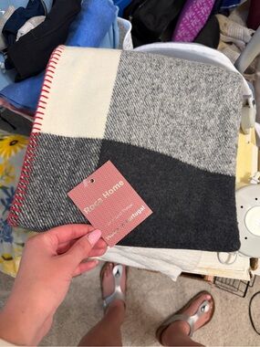 Cozy Patchwork Throw Blanket in Gray & Cream with Red Accent